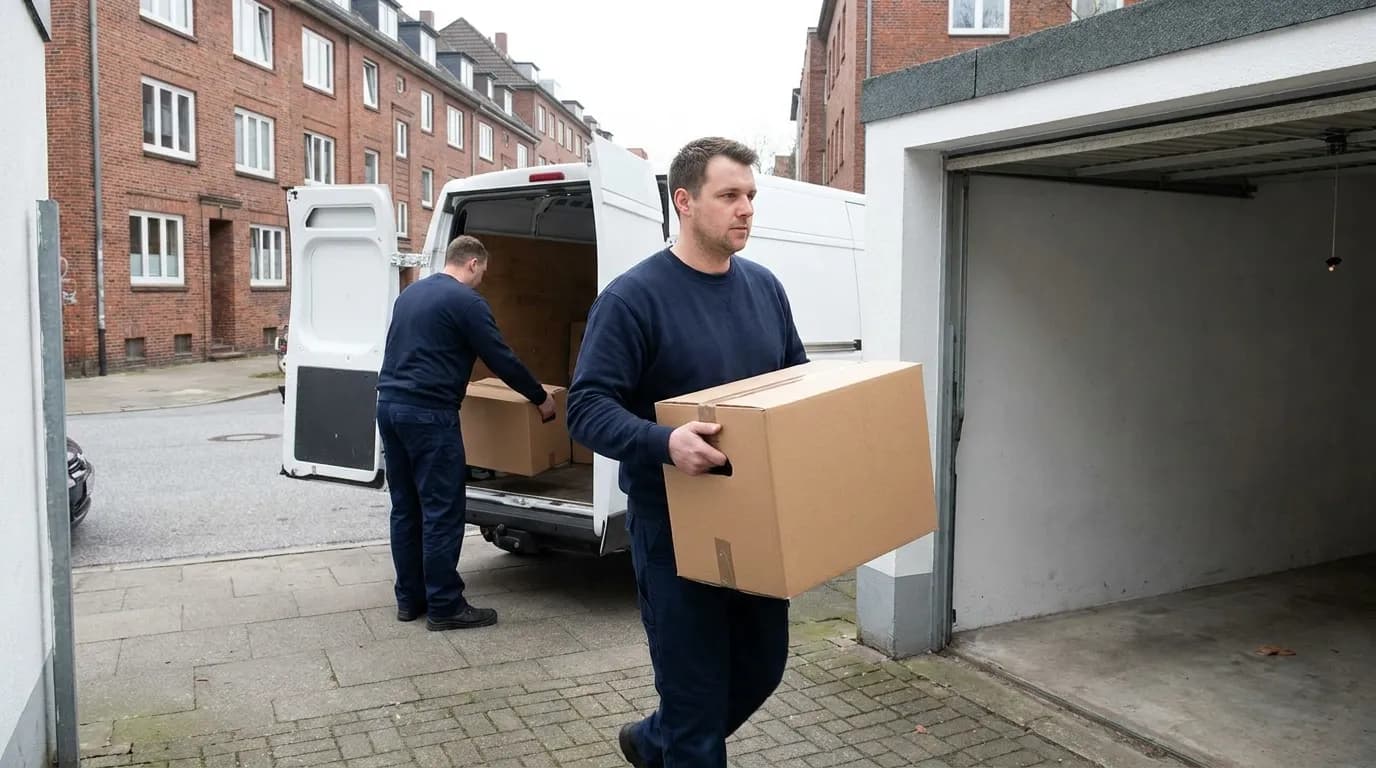Zwei M&M Mitarbeiter tragen Möbel und Kartons zum Transporter