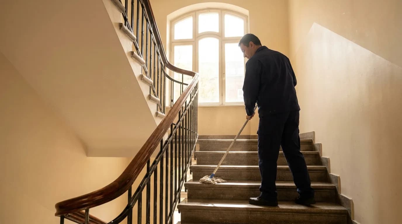 Reinigungskraft wischt die Treppe in einem Hamburger Altbau