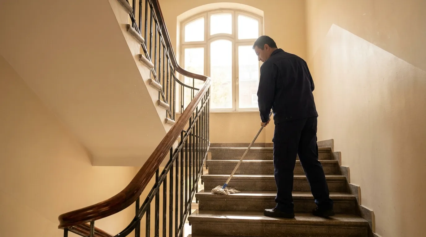 Reinigungskraft wischt die Treppe in einem Hamburger Altbau